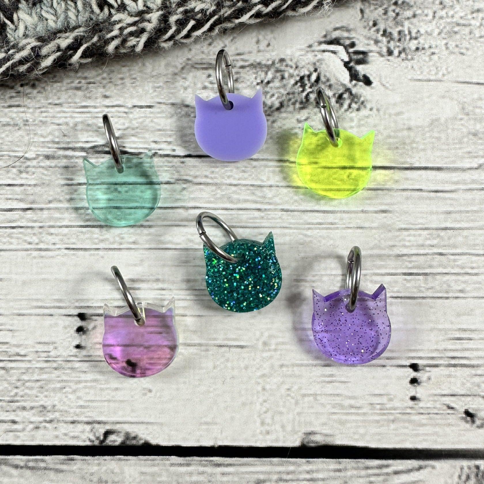 Acrylic Cat Stitch Markers - Green / Blue / Purple - Image 2