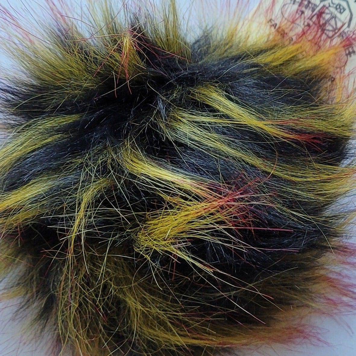 Faux Raccoon Fur Pompom - Red and Yellow on Black