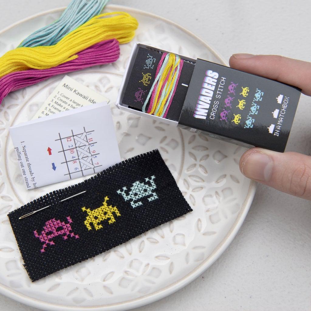 Space Invaders Mini Cross Stitch CMYK Kit in a Matchbox