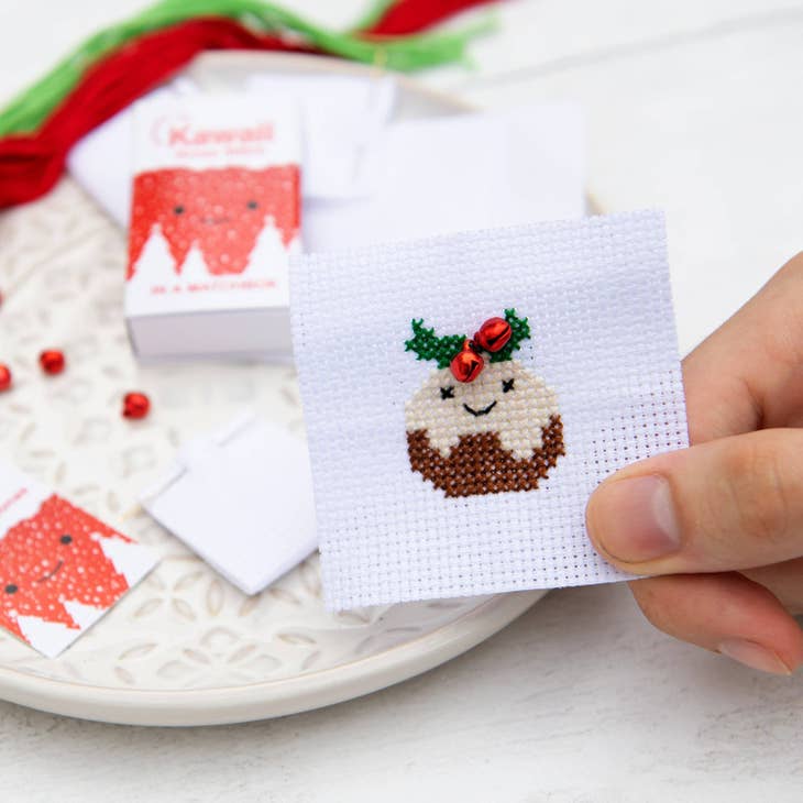 Kawaii Christmas Pudding Mini Cross Stitch Kit in a Matchbox