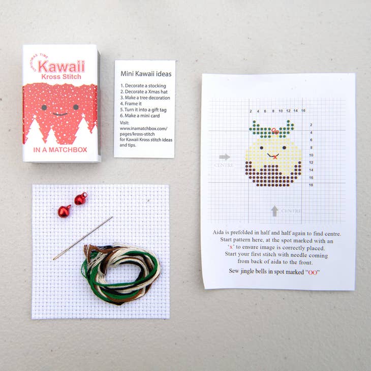 Kawaii Christmas Pudding Mini Cross Stitch Kit in a Matchbox - Image 2