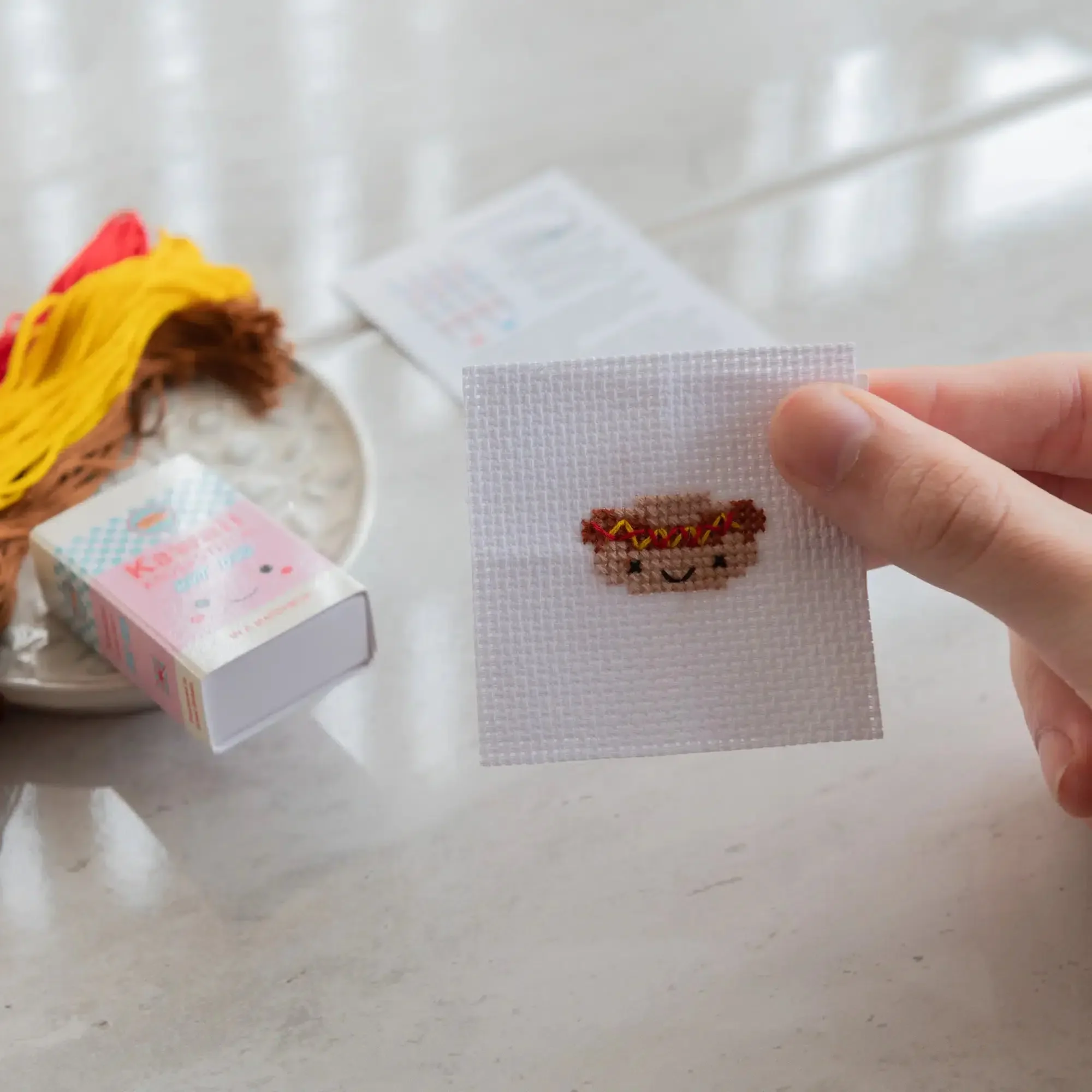 Kawaii Hot Dog Mini Cross Stitch Kit in a Matchbox