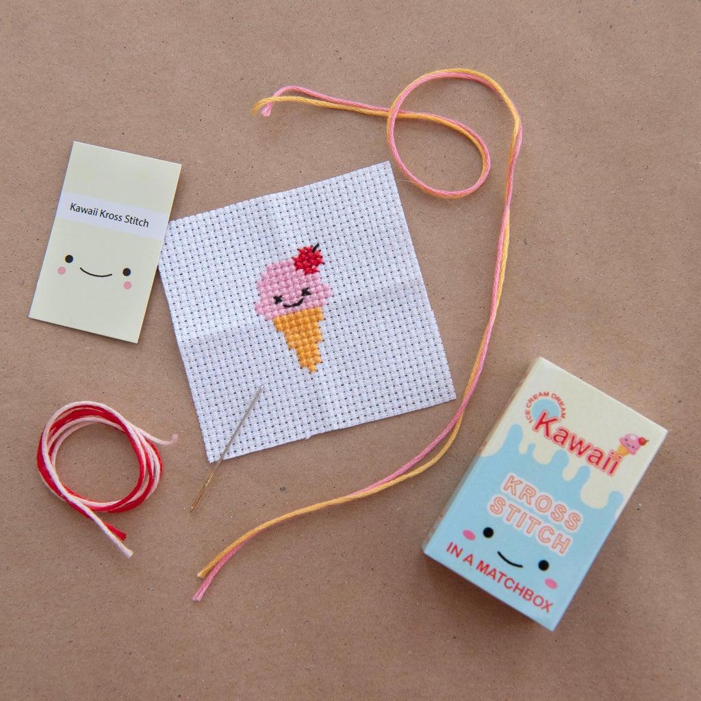 Kawaii Ice Cream Mini Cross Stitch Kit in a Matchbox