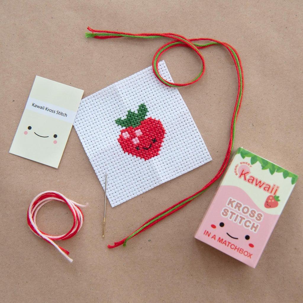 Kawaii Strawberry Mini Cross Stitch Kit in a Matchbox