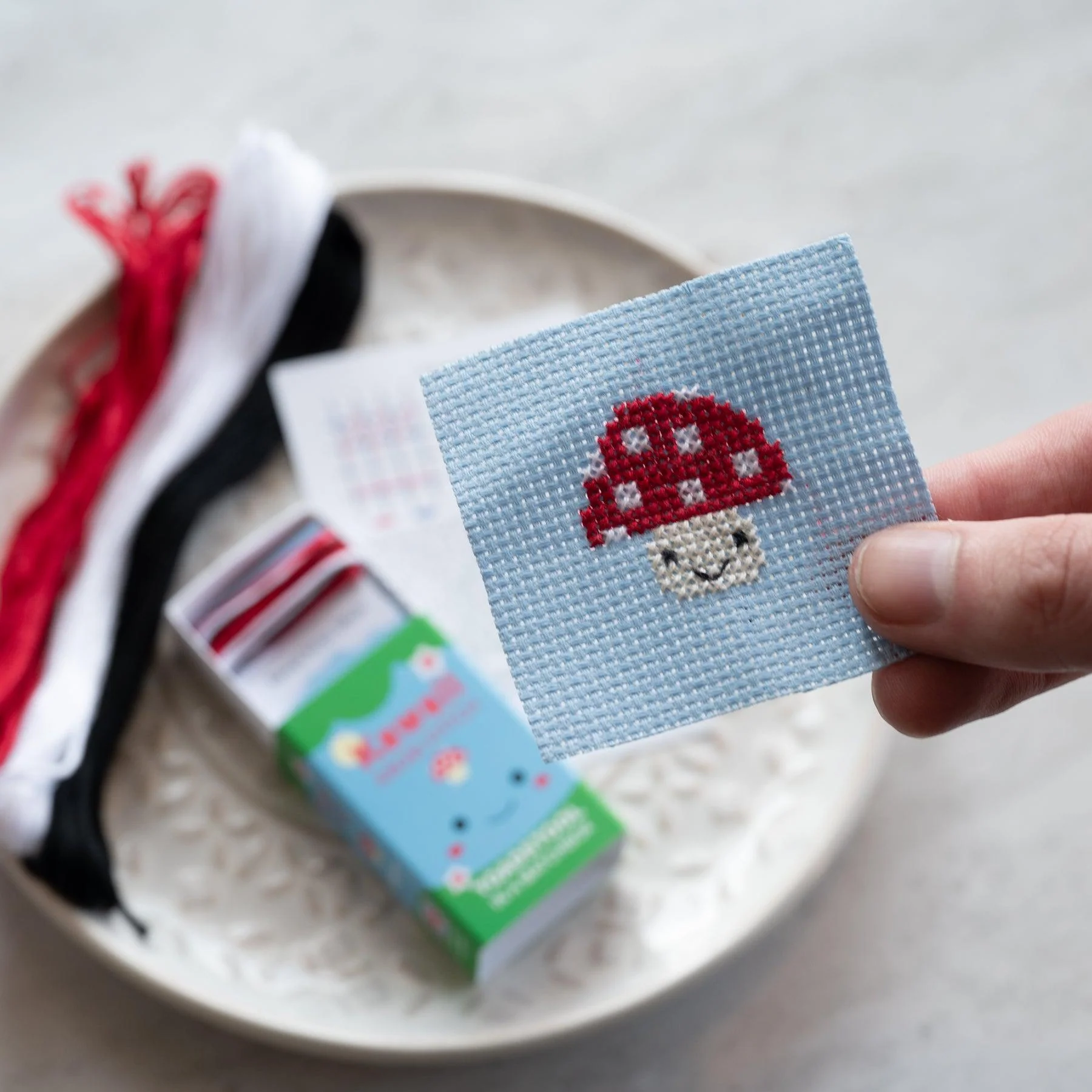 Kawaii Toadstool Cross Stitch Kit in a Matchbox