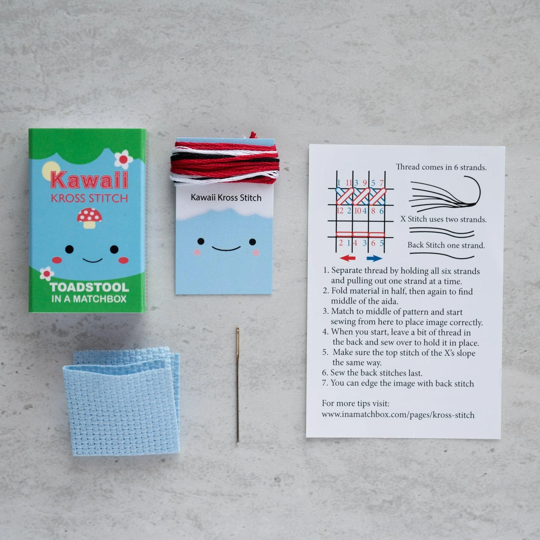 Kawaii Toadstool Cross Stitch Kit in a Matchbox - Image 3