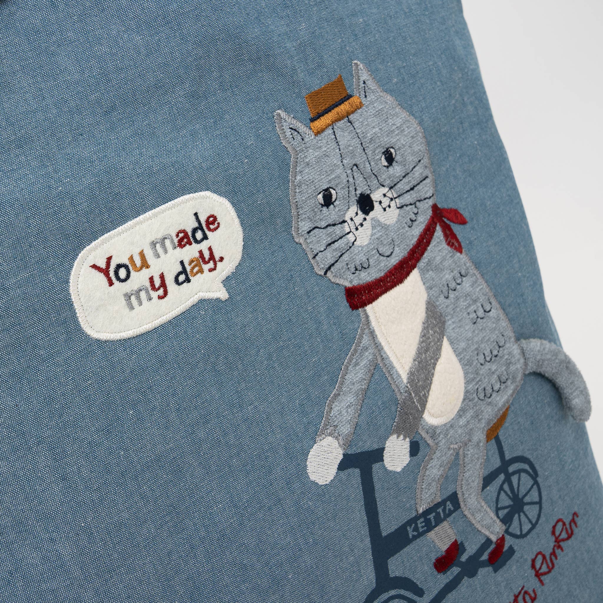 Biking Cat Embroidered Tote Bag – Blue - Image 3