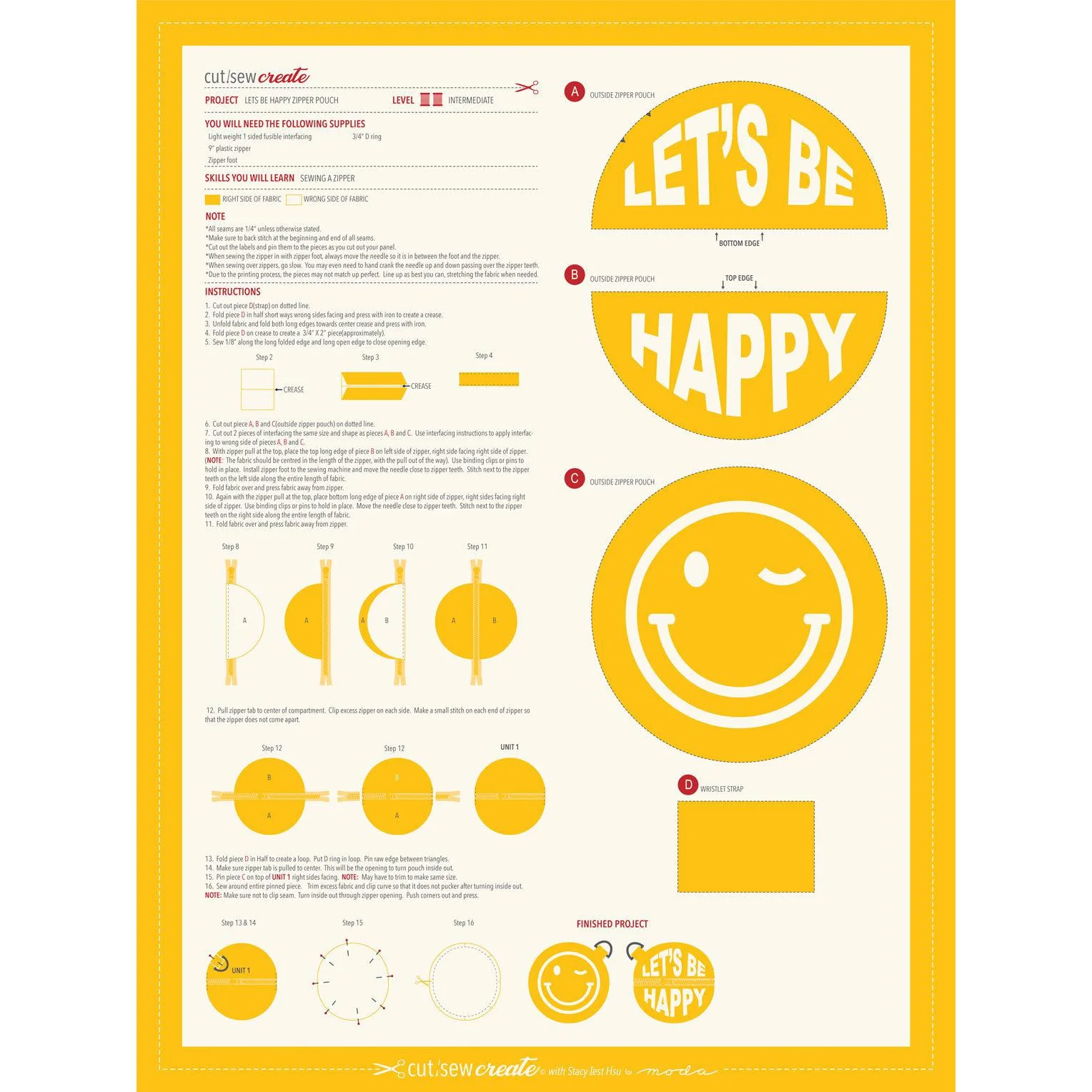 Let's Be Happy Zipper Pouch Cut & Sew Panel - Image 3