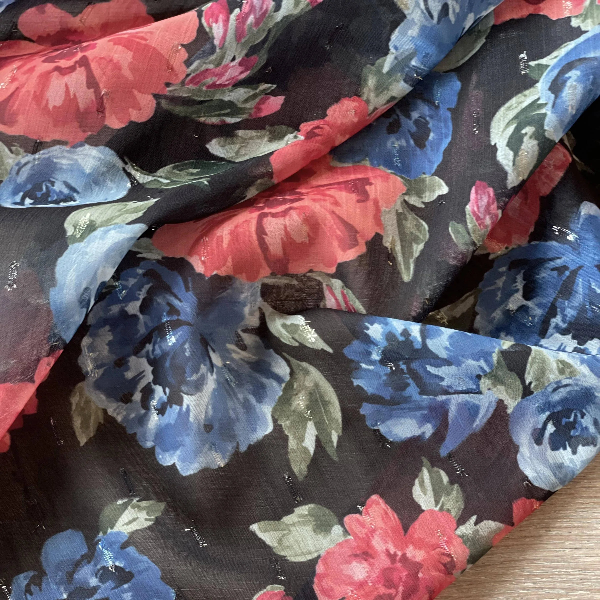 Metallic Embroidered Poly - Paulette Blue & Red