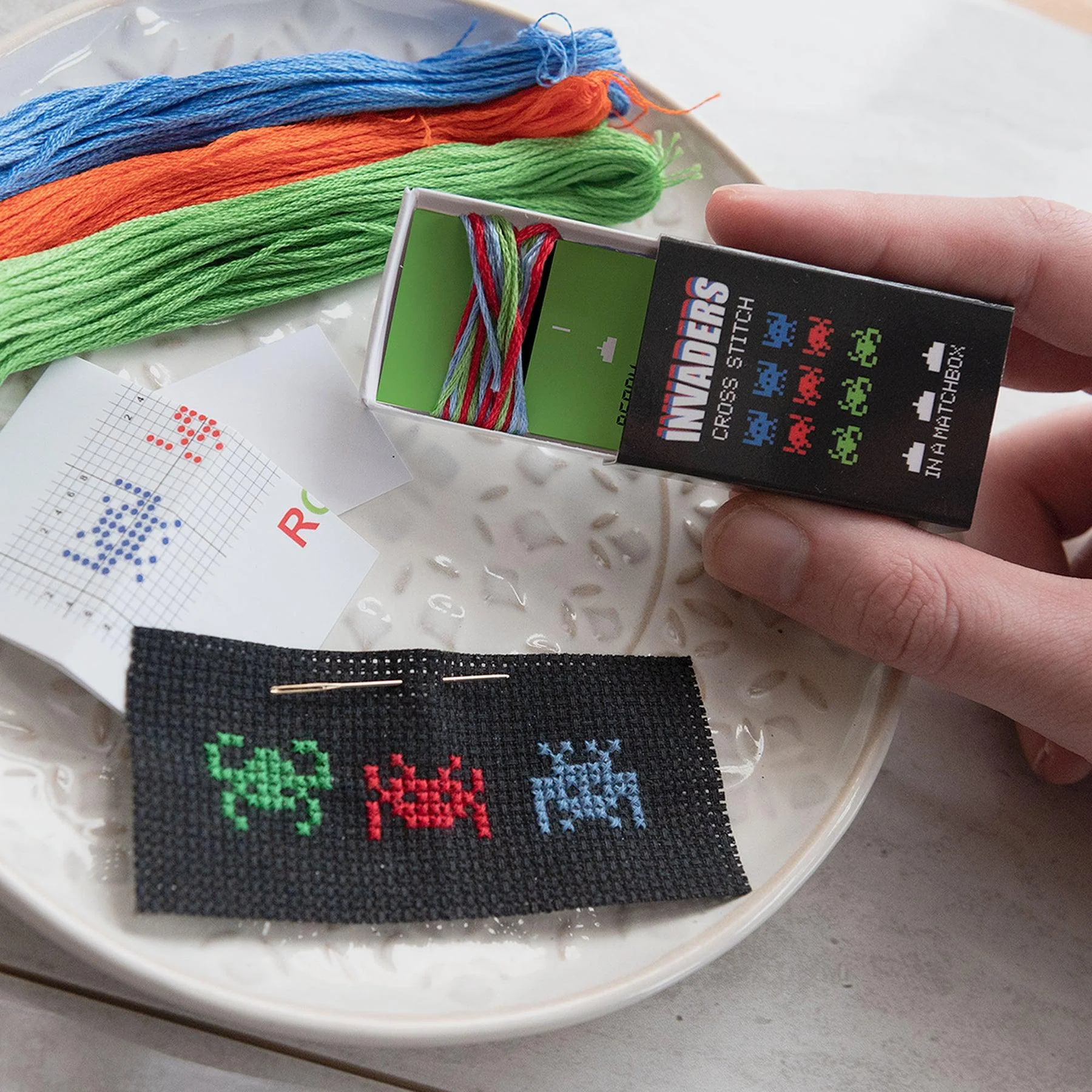 Space Invaders Mini Cross Stitch RGB Kit in a Matchbox
